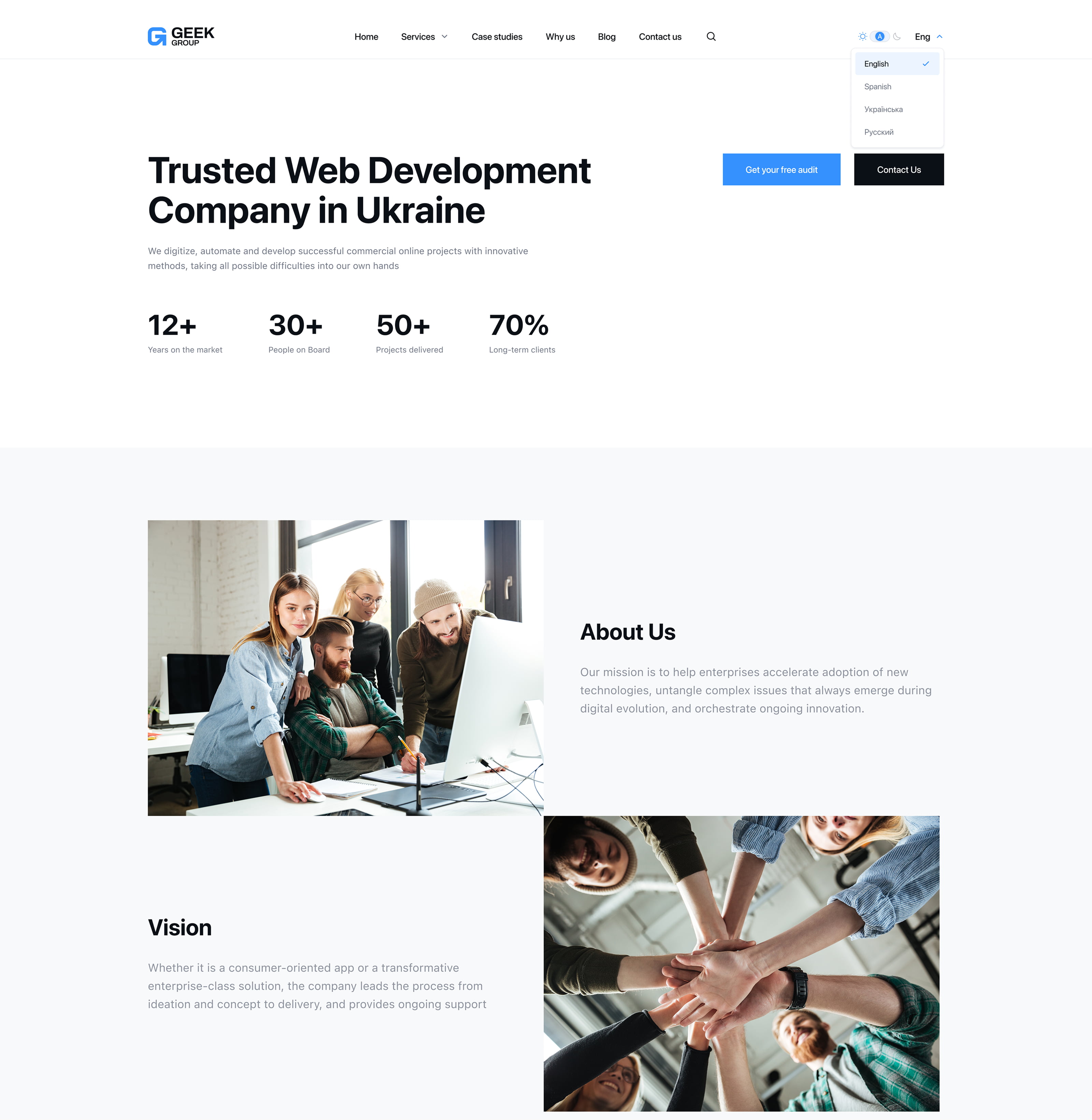 GeekGroup Homepage — Desktop Light, section 1