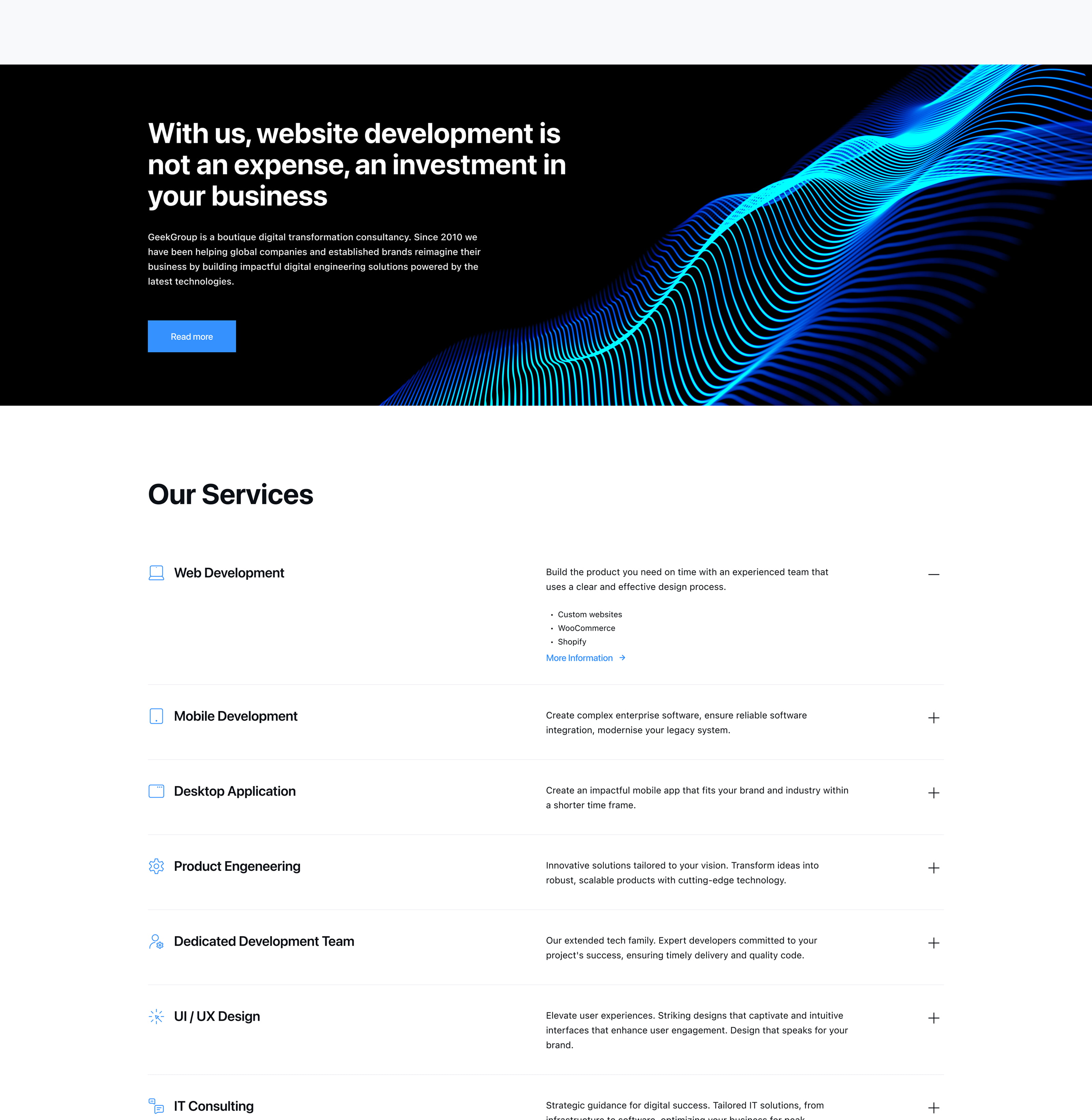 GeekGroup Homepage — Desktop Light, section 2