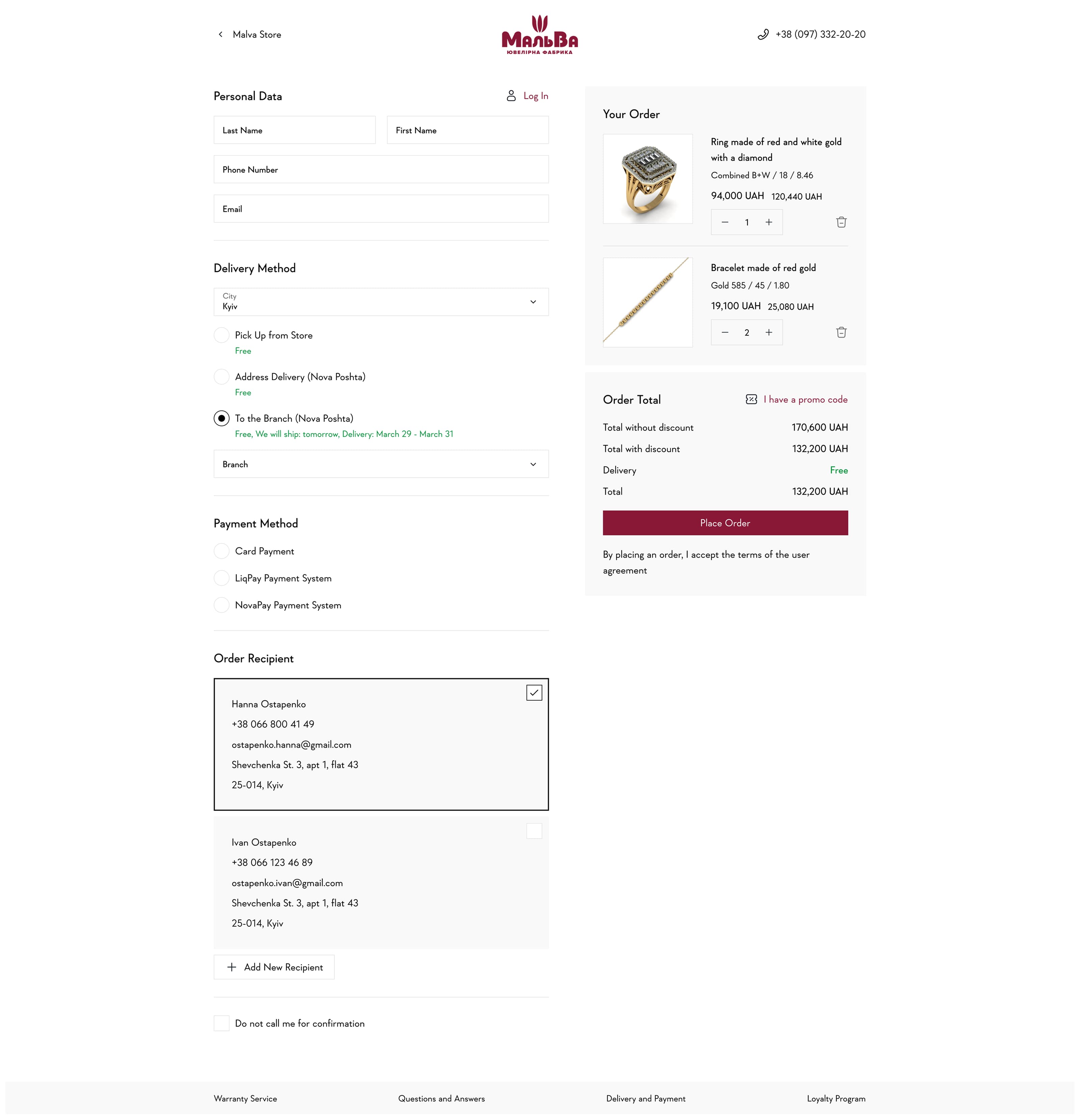 Malva Jewelry — Checkout